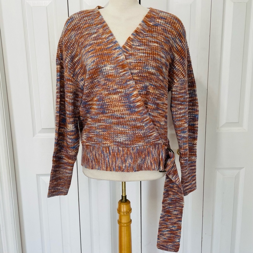 Nine West Multicolor Wrap V-Neck Sweater in Rust and Blue